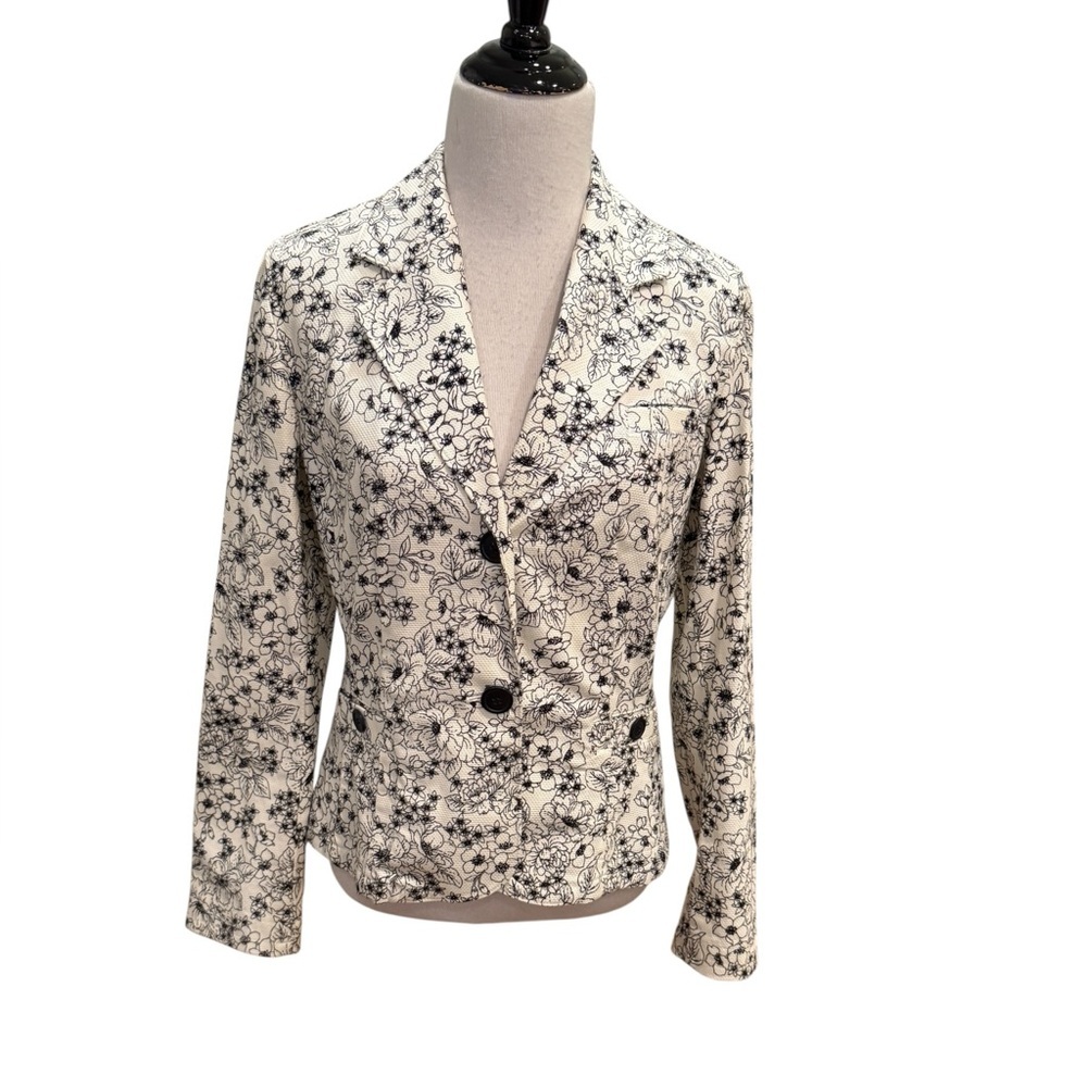 Womens Talbots Cotton Jacket Textured Stretch Size 10 Black White Floral